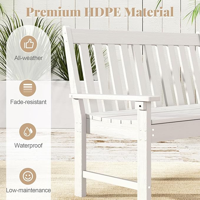 RELAX4LIFE 2-Person Patio Outdoor Bench - 52’’ All-Weather HDPE Garden Bench with Armrests & Slatted Backrest, Patio Bench for Front Porch Park Poolside Backyard, 705 LBS Weight Capacity (White)