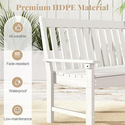 RELAX4LIFE 2-Person Patio Outdoor Bench - 52’’ All-Weather HDPE Garden Bench with Armrests & Slatted Backrest, Patio Bench for Front Porch Park Poolside Backyard, 705 LBS Weight Capacity (White)