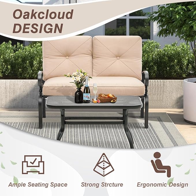 Oakcloud Outdoor 2 Pcs Patio Loveseat Bench Metal Frame Furniture Set with Thick Cushions and Coffee Table, Wrought Iron Look (Brown)