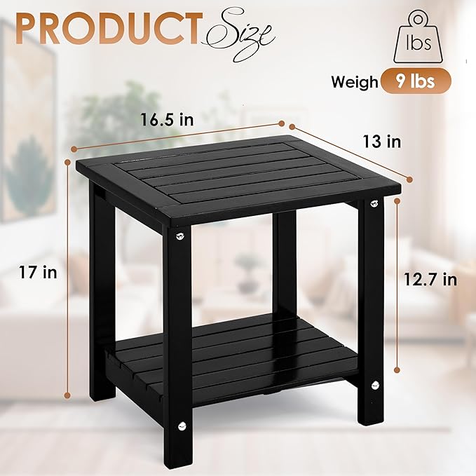 2-Tier Adirondack Outdoor Side Table, 16.6" Acacia Weather-Resistant End Table with Shelf for Patio, Garden, Lawn, Living Room (Black)