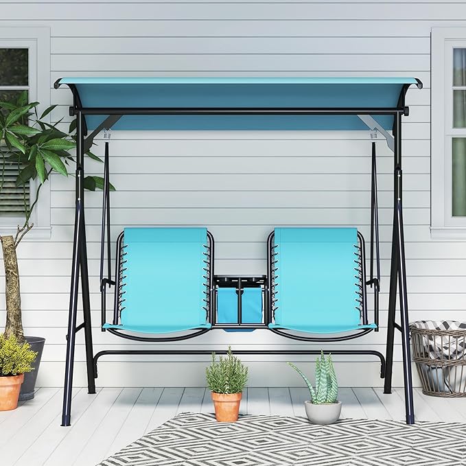 Outsunny 2-Seat Patio Swing Chair, Outdoor Canopy Swing Glider with Pivot Storage Table, Cup Holder, Adjustable Shade - Photo 8