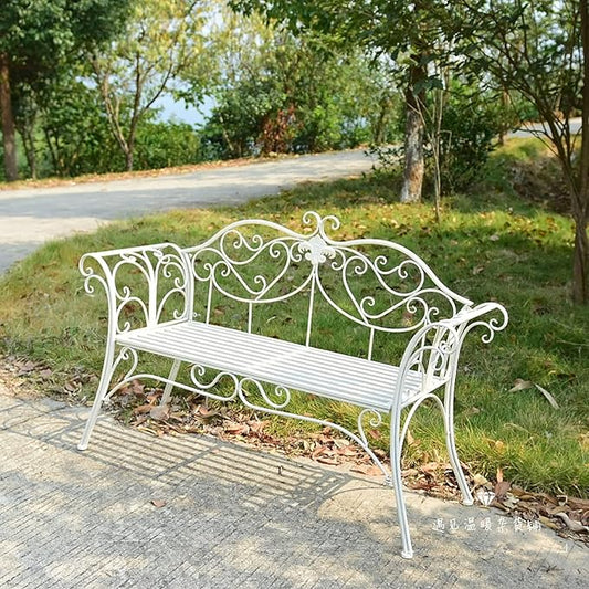 Outdoor Metal Garden Bench Chair Doubel Seat with Decorative Cast Iron Backrest, Balcony Park Bench, for Garden, Yard, Patio, Porch and Sunroom (Color : White)
