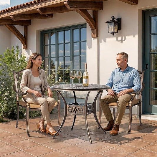 Outvita Patio Side Table, 35.4in Outdoor Round Cast Aluminum Bistro Table with Umbrella Hole and Antique Design for Backyard Porch Pool Balcony Deck Bronze