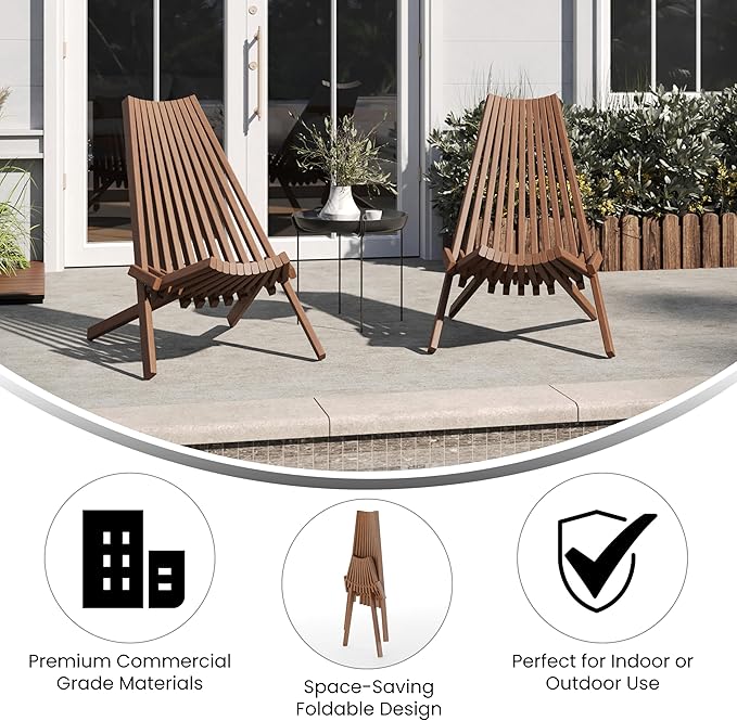 EMMA + OLIVER Durham Folding Chair for Indoor/Outdoor Use, Weather-Resistant Acacia Wood Construction, Low Profile Lounge Chair, Perfect for Sunroom/Patio, Brown