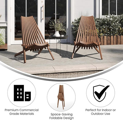 EMMA + OLIVER Durham Folding Chair for Indoor/Outdoor Use, Weather-Resistant Acacia Wood Construction, Low Profile Lounge Chair, Perfect for Sunroom/Patio, Brown