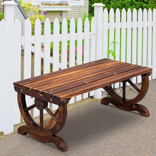 Outvita Rustic Wooden Bench, 2-Person Outdoor Wagon Wheel Bench w/Rustic Country Design for Garden Porch Patio Lawn Yard Park Indoor and Ourdoor Decor