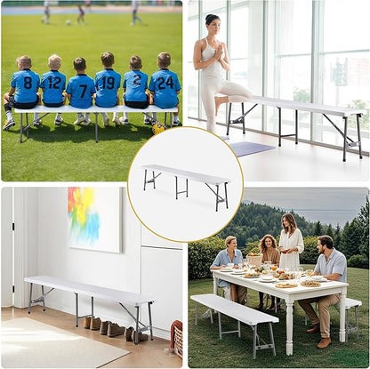 SUPER DEAL 6 FT Plastic Folding Bench, Portable Outdoor Bench with Handle & Non-Slip Mat, Waterproof Dining Seat for Picnic Party Garden Camping Soccer Field, 2 Pack, White