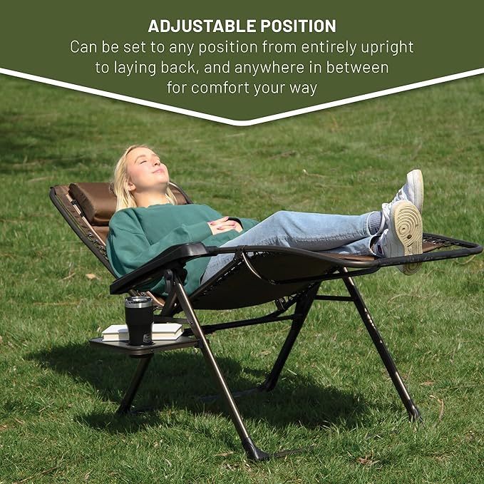 TIMBER RIDGE Aluminum Zero Gravity Chairs, Folding Recliner Chair Padded with Cup Holder and Headrest, Adjustable Lounge Reclining Chair for Outdoor Camping Lawn Patio Indoor, Supports 350lbs, Brown