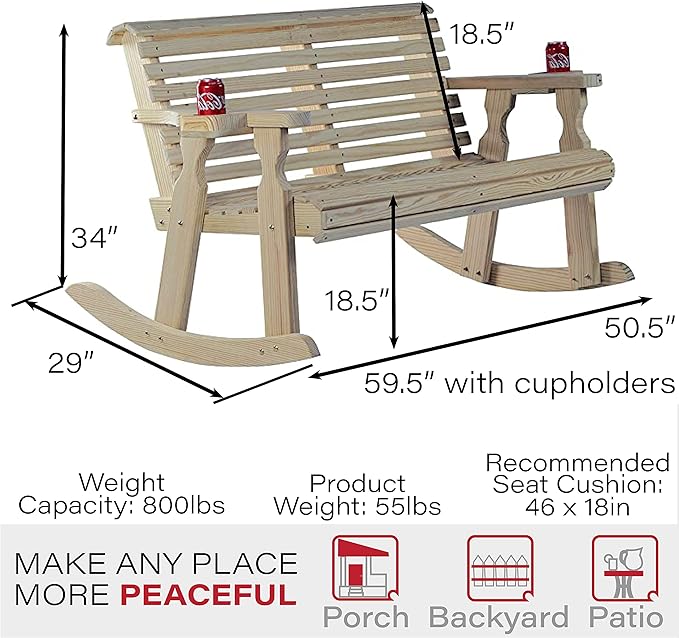 Amish Casual Heavy Duty 800 Lb Roll Back Pressure Treated Double Rocker with Cupholders (Unfinished)