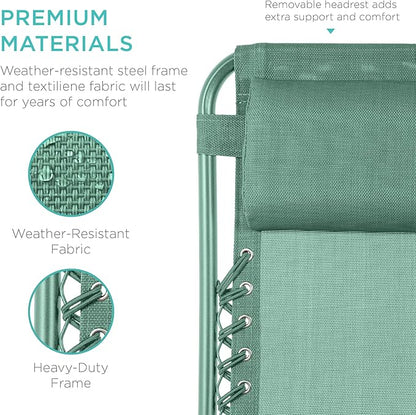 Best Choice Products Set of 2 Adjustable Steel Mesh Zero Gravity Lounge Chair Recliners w/Pillows and Cup Holder Trays - Seafoam