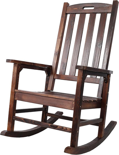 Patio Wooden Rocking Chair, High Back Wood Rocker Accent Chairs, Durable Porch Rocker Chair with Wide Seat, Patio Rockers for Outdoor & Indoor, Garden, Porch (Brown)