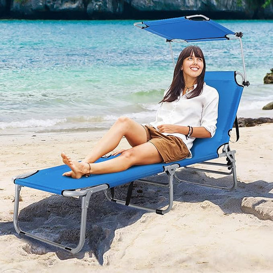 COSTWAY Beach Lounge Chair, Foldable Chaise Lounge with Canopy, Adjustable Backrest & Side Pocket, Tanning Chair for Seaside, Pool, Patio (Navy)
