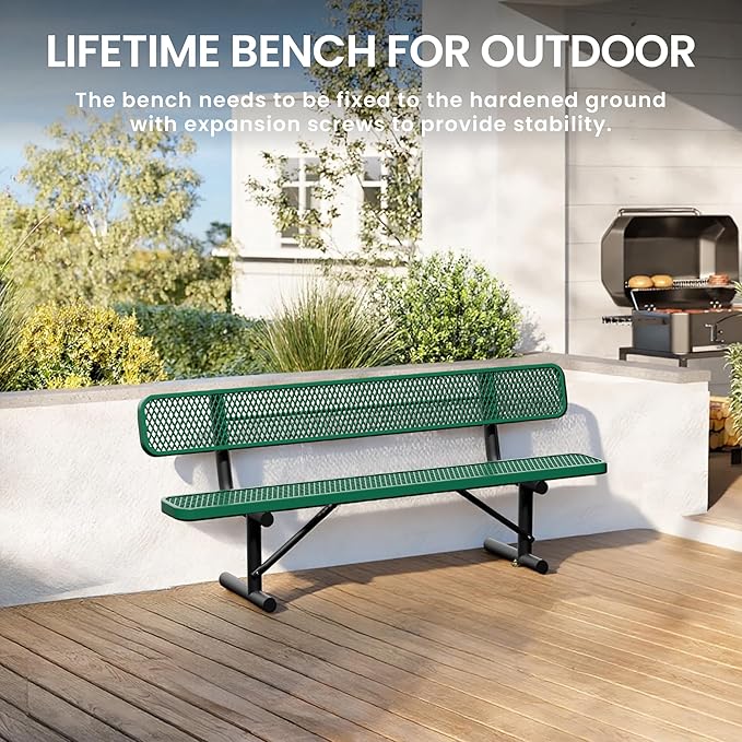 8 Feet Steel Park Bench for Outside, Outdoor Bench with Backrest & Portable Frame, Commercial Benches for Shopping Malls, Stores, Parks, Patios, Decks, Green