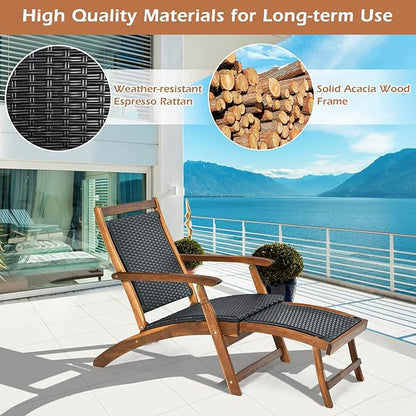 COSTWAY Patio Folding Rattan Lounge Chair, Acacia Solid Wood Frame, Low Deck Chair with Convenient Retractable Footrest, 24” x 51.5” x 32.5” (2)