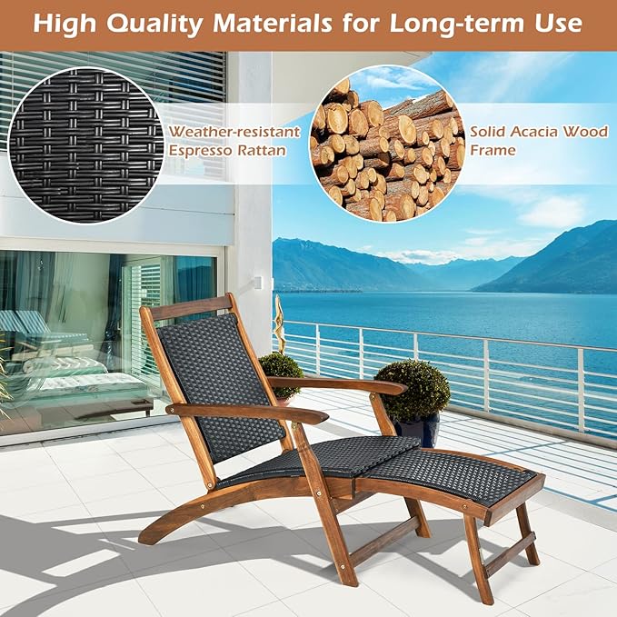 HAPPYGRILL Acacia Wood Chaise Lounge With Retractable Footrest - Rattan Wicker Folding Collapsible Chair for Poolside - Photo 6