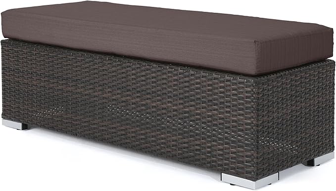 Christopher Knight Home Kiin Durable Resin Wicker Outdoor Bench with Comfy Removable Cushion, Rectangular Garden Bench with Iron Frame, Long Extra Seating for Poolside/Patio/Balcony, Brown