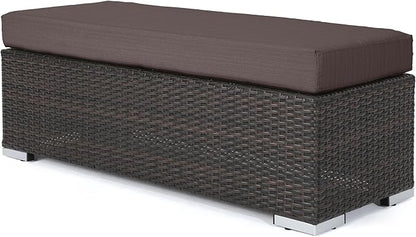 Christopher Knight Home Kiin Durable Resin Wicker Outdoor Bench with Comfy Removable Cushion, Rectangular Garden Bench with Iron Frame, Long Extra Seating for Poolside/Patio/Balcony, Brown