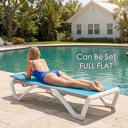 Kozyard Outdoor Chaise Lounge Chair, Full Flat Adjustable Patio Lounger with Aluminum Frame & Resin Legs, Textilene Fabric for Poolside, Backyard & Beach (Aqua/WhiteFrame, Chair Without Table)