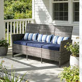 SUNSITT Outdoor Furniture 3 Seats Patio Couch, Outdoor Wicker Sofa, Grey PE Wicker with Blue Cushions & Lumbar Pillows - Photo 1