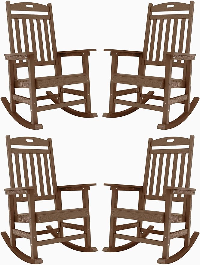 YEFU Outdoor Rocking Chairs Set of 4: Porch Rocking Chairs-Outdoor Patio Rockings Chair-Oversized Rocker Chair-All Weather Poly Rocker Lawn Chair for Adult-Seat Area 22"x21"-Backrest Height 31"-Teak