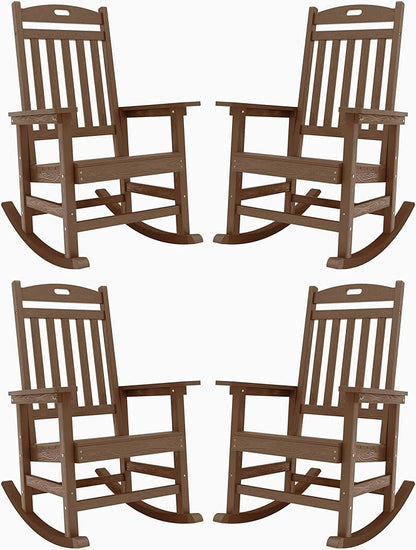 YEFU Outdoor Rocking Chairs Set of 4: Porch Rocking Chairs-Outdoor Patio Rockings Chair-Oversized Rocker Chair-All Weather Poly Rocker Lawn Chair for Adult-Seat Area 22"x21"-Backrest Height 31"-Teak