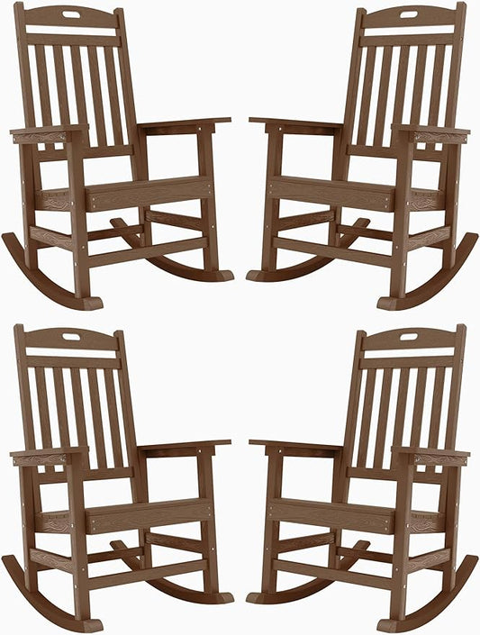 YEFU Outdoor Rocking Chairs Set of 4: Porch Rocking Chairs-Outdoor Patio Rockings Chair-Oversized Rocker Chair-All Weather Poly Rocker Lawn Chair for Adult-Seat Area 22"x21"-Backrest Height 31"-Teak