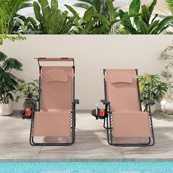 Goplus Zero Gravity Chairs, X-Large Folding Lounge Lawn Chair w/Canopy Shade & Cup Holder - Photo 2