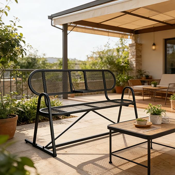 Outdoor Bench, Metal Mesh Garden Bench with Foldable Middle Table, 55" Weather Resistant Patio Park for 2-3 People, Decorative Porch Chair for Yard, Deck, and Lawn, Black