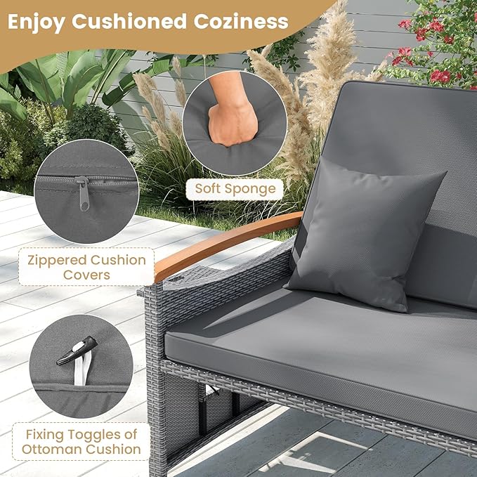 Tangkula Patio Rattan Daybed with 4-Level Adjustable Backrest, Outdoor Wicker Loveseat with Acacia Wood Armrest - Photo 8