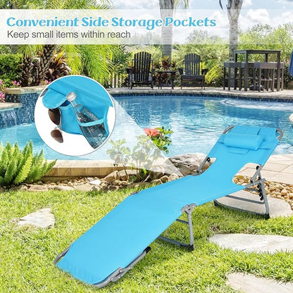 GYMAX Tanning Chair, Folding Lounger with Face/Arm Holes, Carry Handles & Side Pocket, Portable Lightweight Layout Beach Chair for Outdoor/Indoor, Face Down Sun Lounger (2, Arctic Blue)