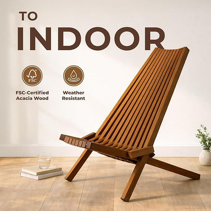 Melino Wooden Folding Tamarack Chairs, FSC Certified Acacia Low Profile Adirondack Chairs, Wood Folding Chair for Outdoor, Patio, Porch, Pool, Backyard, Garden, Balcony and Deck - Chestnut - Single