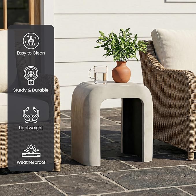 HOMPUS Outdoor Side Table w U-Shaped, Concrete Side Table Lightweight, Round Patio MgO Coffee End Table, Modern Accent Vintage Garden Stand for Indoor Outdoor Use, Grey