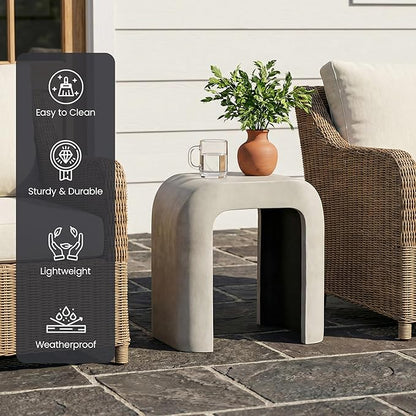 HOMPUS Outdoor Side Table w U-Shaped, Concrete Side Table Lightweight, Round Patio MgO Coffee End Table, Modern Accent Vintage Garden Stand for Indoor Outdoor Use, Grey