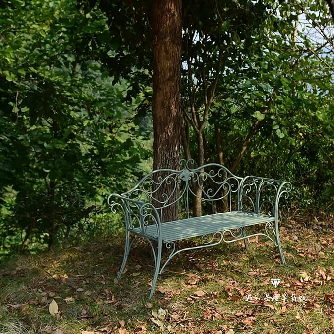 Outdoor Green Metal Garden Bench - Double Seat with Decorative Cast Iron Backrest, Perfect for Patio, Yard, Porch, Balcony & Sunroom Furniture.
