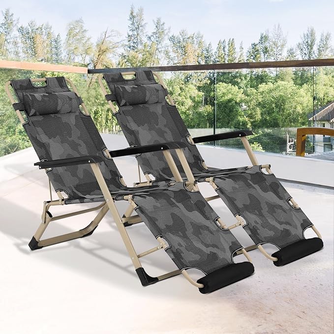 Magshion Folding Patio Chairs Set of 2, Outdoor Lounge Chair with Footrest, Folding Portable Outside Recliner Chair for Backyard, Beach, Camouflage