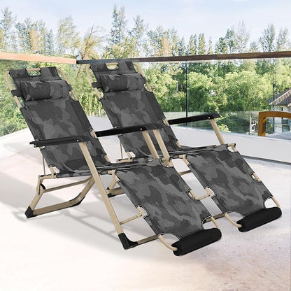 Magshion Folding Patio Chairs Set of 2, Outdoor Lounge Chair with Footrest, Folding Portable Outside Recliner Chair for Backyard, Beach, Camouflage