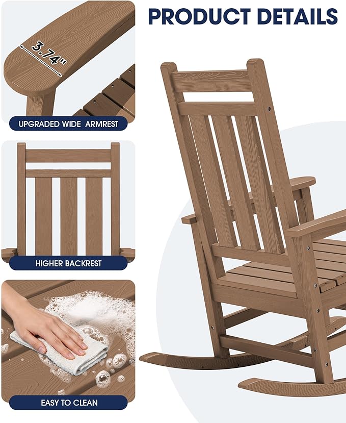 KINGYES Oversized Outdoor Rocking Chair Set of 6, All-Weather Patio Rocking Chairs for Porch, HDPE Outdoor Patio Rockers with High Back & Wide Seat for Garden, Lawn, Brown
