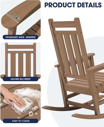 KINGYES Oversized Outdoor Rocking Chair Set of 6, All-Weather Patio Rocking Chairs for Porch, HDPE Outdoor Patio Rockers with High Back & Wide Seat for Garden, Lawn, Brown
