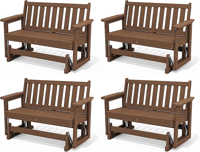 SERWALL Outdoor Glider Bench Set of 4, HDPE Weather-Resistant Swinging Bench for Backyard Garden Porch, Brown - Photo 1