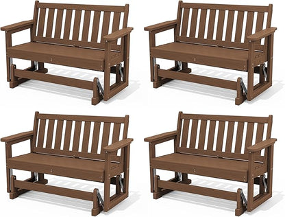 SERWALL Outdoor Glider Bench Set of 4, HDPE Weather-Resistant Swinging Bench for Backyard Garden Porch, Brown