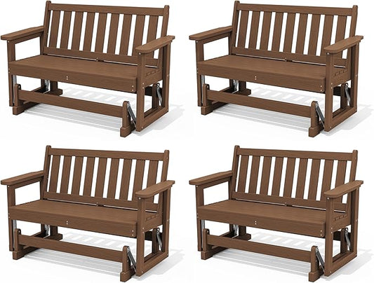 SERWALL Outdoor Glider Bench Set of 4, HDPE Weather-Resistant Swinging Bench for Backyard Garden Porch, Brown