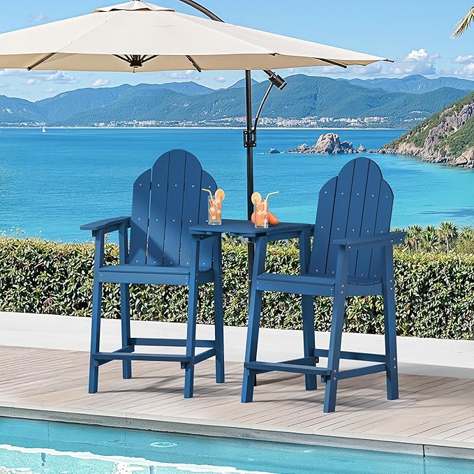LUE BONA Tall Adirondack Chair Set of 2, All Weather HDPS Bar Height Adirondack Chair with Detachable Table & Umbrella Hole, Adirondack Barstools for Patio, Deck, Backyard & Commercial Use Navy Blue