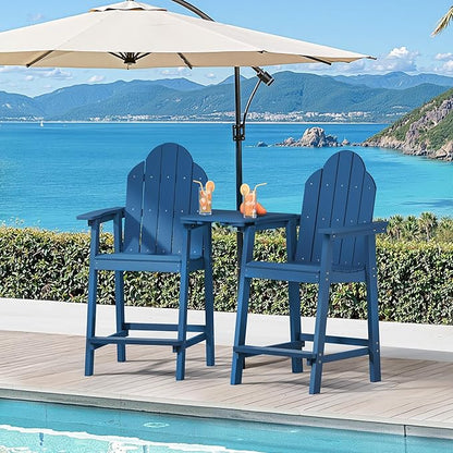 LUE BONA Tall Adirondack Chair Set of 2, All Weather HDPS Bar Height Adirondack Chair with Detachable Table & Umbrella Hole, Adirondack Barstools for Patio, Deck, Backyard & Commercial Use Navy Blue
