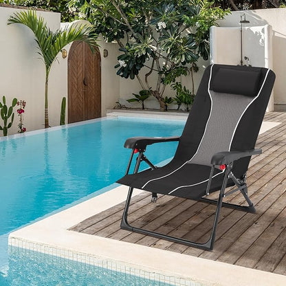 Folding Chaise Lounge Chair for Outdoor – Portable Reclining Camping Chair with Adjustable Backrest, Pillow & Breathable Fabric, Heavy-Duty 330 LBS Capacity, Sun Lounger for Beach, Patio, Garden