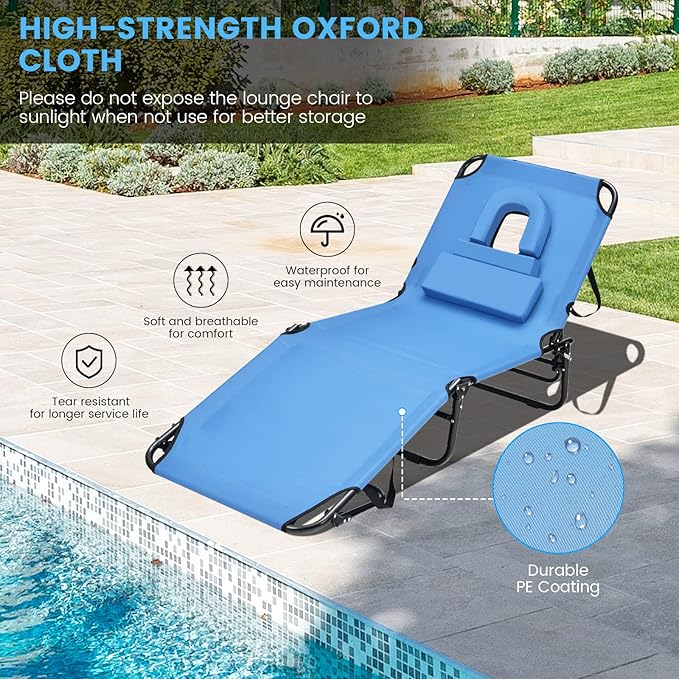 GYMAX Tanning Chair, 330lbs Beach Lounge Chair with Face Hole, Washable Pillow & Carry Strap, Adjustable Folding Chaise Lounge, Layout Lounger for Outside, Patio, Poolside, Lawn (2, Blue)