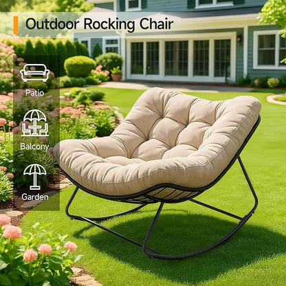 ONBRILL Outdoor Papasan Rocking Chair, 450 lbs Oversized Comfy Patio Chair with Thickened Cushion, Indoor Egg Rocking Lounge Chairs, Rocker Chairs for Patio Porch Garden Living Room Bedroom, Beige