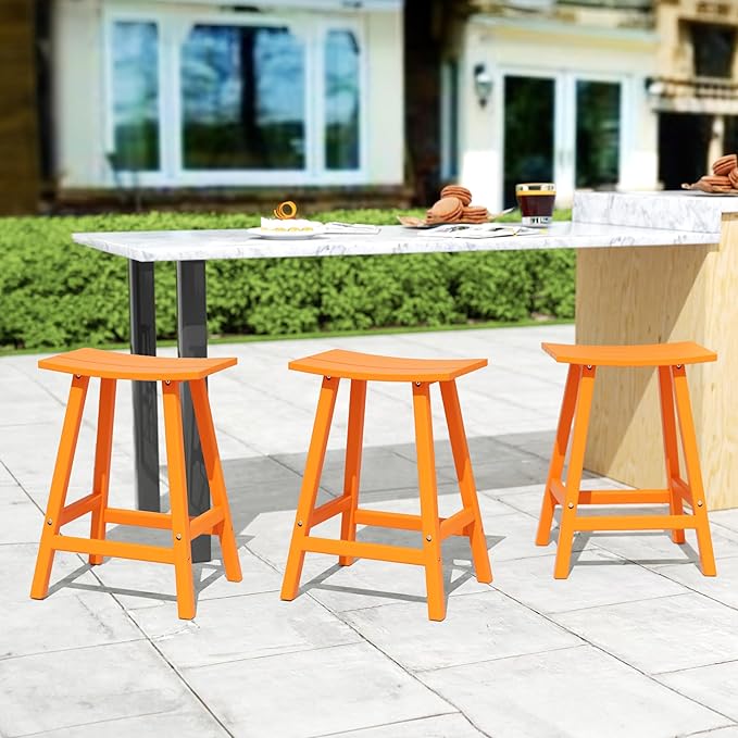 Costaelm All-Weather Bar Stools Set of 3, 24" Height Outdoor Bar Stools, Adirondack Poly Patio Bar Stool for Patio, Deck, Kitchen Counter and Garden, Orange