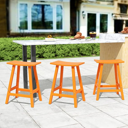 Costaelm All-Weather Bar Stools Set of 3, 24" Height Outdoor Bar Stools, Adirondack Poly Patio Bar Stool for Patio, Deck, Kitchen Counter and Garden, Orange