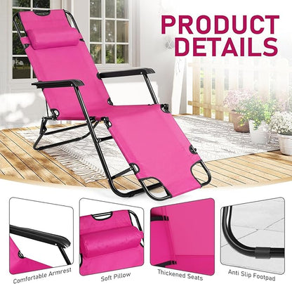 Outvita Folding Chaise Lounge Chair, Outdoor Adjustable Recliner Chair with Pillow for Camping, Beach, Poolside, Garden, Backyard, Lawn