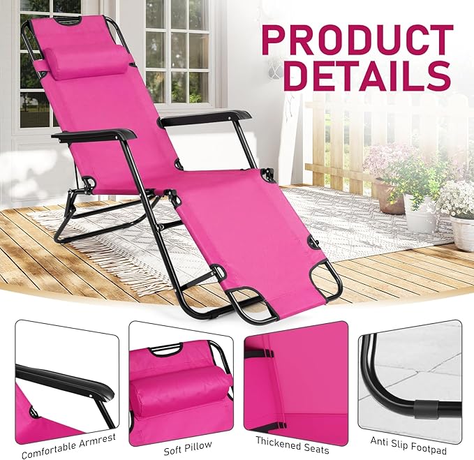 Outvita Folding Chaise Lounge Chair, Outdoor Adjustable Recliner Chair with Pillow for Camping, Beach, Poolside, Garden - Photo 5